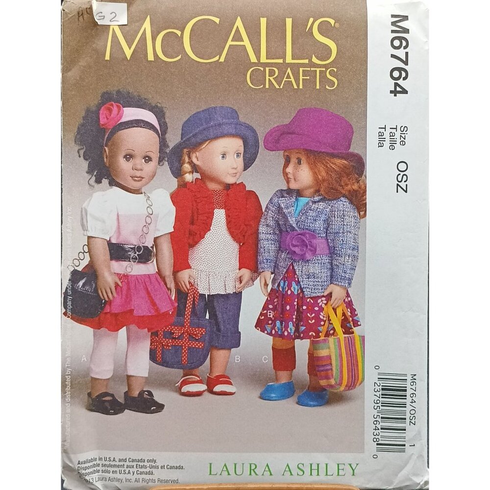 UNCUT Laura Ashley McCalls Crafts M6764 Doll Clothes Sewing Pattern OSZ